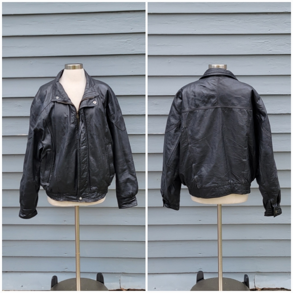 Vintage 90s y2k Expressions Black Leather Motorcycle‎ Car Coat Bomber Jacket XL